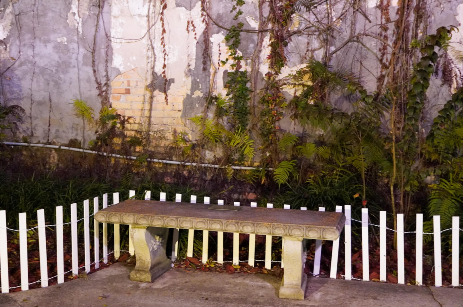 Weathered stone bench surrounded by a white picket fence and lush greenery in Alachua Theatre Park, Alachua, Florida. The background features an ivy-covered, worn wall, creating a serene, picturesque scene perfect for showcasing the charm and tranquility of this local park.