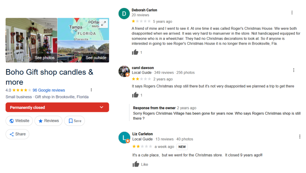 Google reviews of Boho Gift Shop Candles & More in Brooksville, Florida, showing customer confusion over its connection to the former Roger’s Christmas House. The reviews highlight disappointment from visitors who expected the iconic Christmas store, which had closed years earlier. The listing shows the shop as ‘Permanently Closed,’ with a response from the owner clarifying that Roger’s Christmas Village has been gone for years.