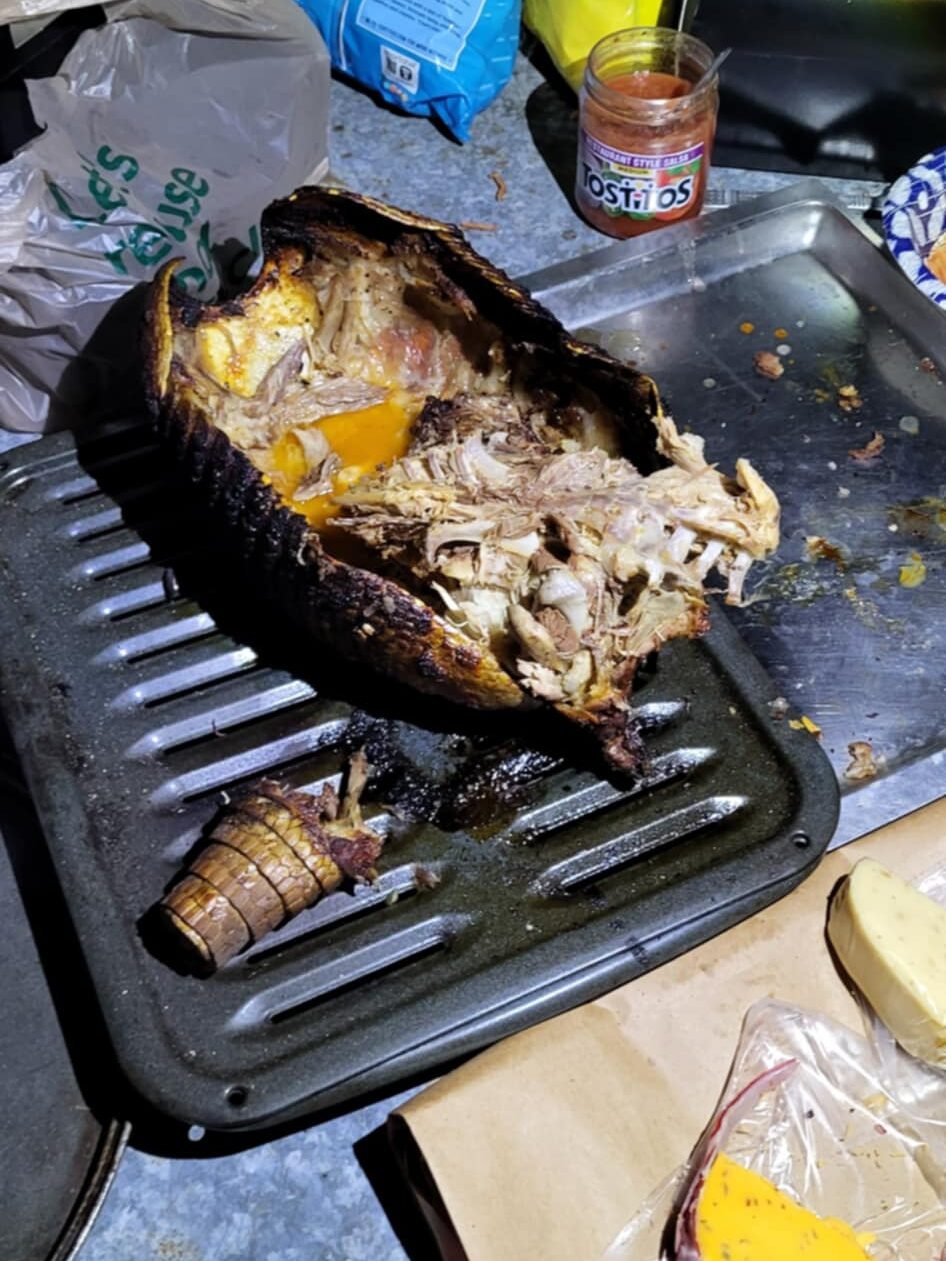 Close-up of a roasted armadillo served at Sleeze Weazel's 75th birthday party in Gainesville, Florida. The cooked armadillo is split open on a grill pan, revealing tender, shredded meat and juices. A portion of its armored tail is still intact, emphasizing the uniqueness of this year's 'mystery meat' tradition. Surrounding the dish are Tostitos salsa, cheese, and other party snacks, creating a striking contrast between the exotic entrée and familiar accompaniments. This wild game feast is part of Sleeze Weazel’s legendary Gainesville gatherings.